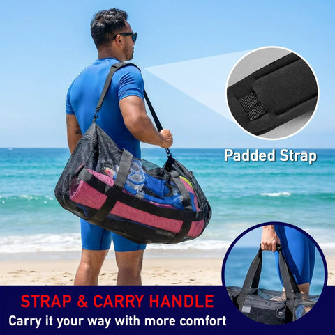 Man at the beach carrying 130L Mesh Duffle Bag for Water Sports Gear with Wide Opening and Shoulder Straps, close-up of padded strap.