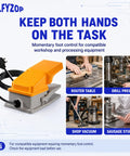 Foot Pedal Switch With Aluminum Housing and Protective Guard, 15A SPDT Momentary NO NC, 5 Ft Cord, 3 Prong Piggyback Plug, Great for Router, Drill Press, and Workshop Vacuum, Hands Free Power On Off Control on orange pedal with cord