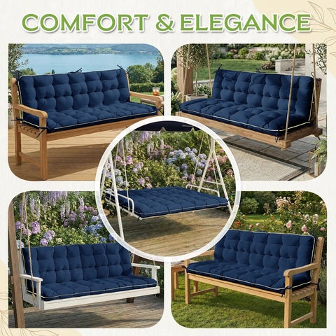 60 By 40 Inch Outdoor Swing Cushions With Backrest And Tie Straps for 2 to 3 Seater Patio Benches in garden setting.