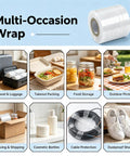 Heavy Duty Stretchable Shrink Film For Snug Bottle Jar And Can Sealing No Heat Packaging Roll with visual examples of uses.