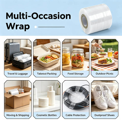 Heavy Duty Stretchable Shrink Film For Snug Bottle Jar And Can Sealing No Heat Packaging Roll with visual examples of uses.