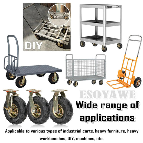 Rock Hard Heavy Duty Pneumatic Rubber Swivel Caster Wheels With Parking Brakes on various industrial carts and trolleys.
