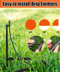 All In One Drip Irrigation Kit 25 Pack With 360 Degree Micro Spray Heads, 12 Inch Stakes, And 16 Inch 1/4 Inch Tubing For Lawn Garden Watering System Easy Setup shown with spray emitter and installation steps on green lawn.