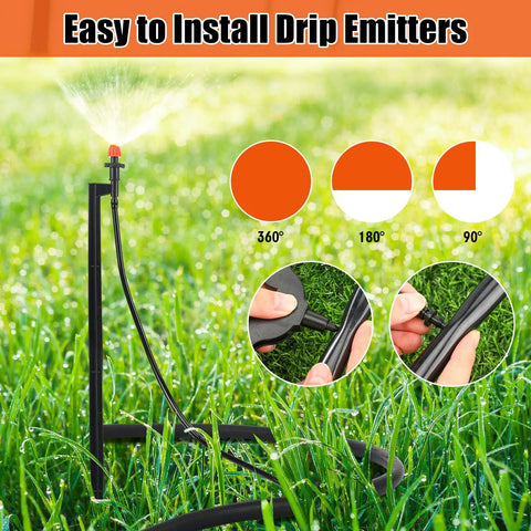 All In One Drip Irrigation Kit 25 Pack With 360 Degree Micro Spray Heads, 12 Inch Stakes, And 16 Inch 1/4 Inch Tubing For Lawn Garden Watering System Easy Setup shown with spray emitter and installation steps on green lawn.