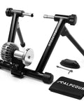 Portable Foldable Fluid Bike Trainer Stand For Indoor Riding With Stainless Steel Frame, flywheel, wheel riser, and carry bag