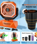 48Hrs Golf Cart Misting Fan 2 In 1 with cup holder and LED, showing 270° and 90° oscillation, fits most cup sizes, detachable base.