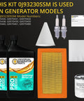 Replacement Generator Maintenance Kit For 20kW And 26kW SM 999 Generators With Full Synthetic 5W30 Engine Oil High Performance Durable Repair Solution Keeps Your Power System Running Strong In Tough Conditions, showing two oil bottles, air filter, spark plugs, and oil filter.