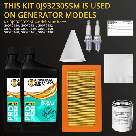 Replacement Generator Maintenance Kit For 20kW And 26kW SM 999 Generators With Full Synthetic 5W30 Engine Oil High Performance Durable Repair Solution Keeps Your Power System Running Strong In Tough Conditions, showing two oil bottles, air filter, spark plugs, and oil filter.