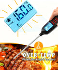 Digital Meat Thermometer With Long Probe Instant Read In Two Seconds Backlit Display displaying temperature while cooking meat
