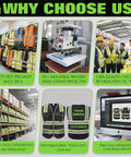 Heavy Duty Ansi Class II High Visibility Safety Vest For Men Custom Printed Logo Reflective Work Gear With Eight Rugged Storage Pockets Black Large Size displayed in a factory setting.