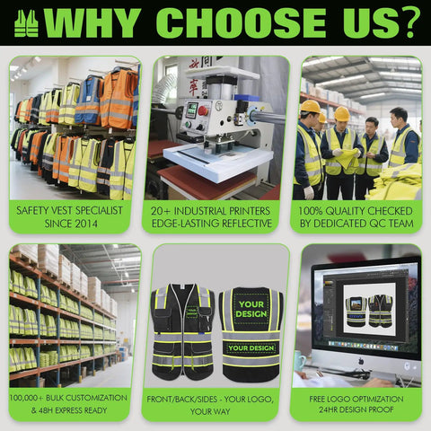 Heavy Duty Ansi Class II High Visibility Safety Vest For Men Custom Printed Logo Reflective Work Gear With Eight Rugged Storage Pockets Black Large Size displayed in a factory setting.