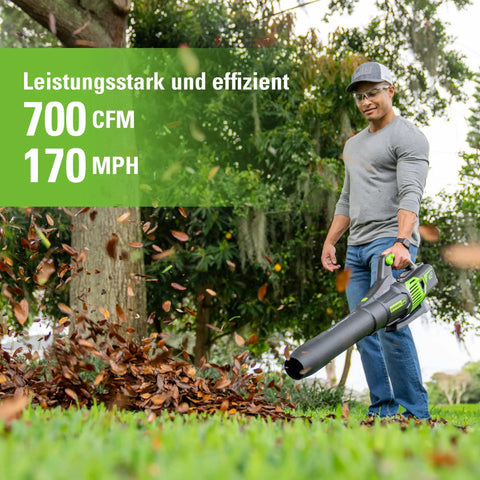 Man using 60-Volt Max Cordless Leaf Blower With 610 CFM Gen2 Brushless Motor, Turbo Mode Powers Through Wet Leaves, Concentrator Nozzle Boosts Air Speed For Stubborn Debris, Bare Tool Battery And Charger Not Included on fallen leaves.