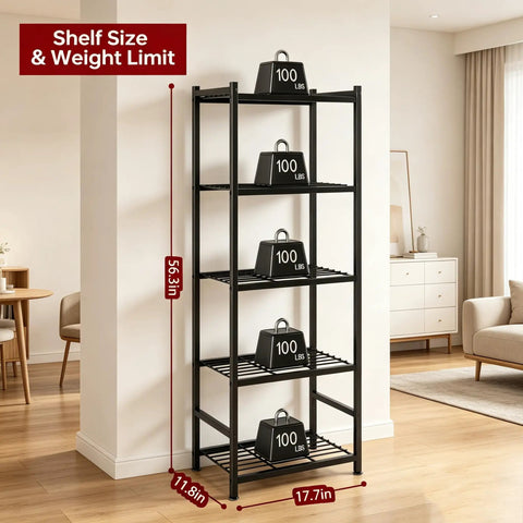 Space Saving 5 Tier Metal Shelving Unit With Self Leveling Feet Hella Sturdy Wire Rack Organizer For Garage Kitchen Pantry Closet Black, dimensions marked.