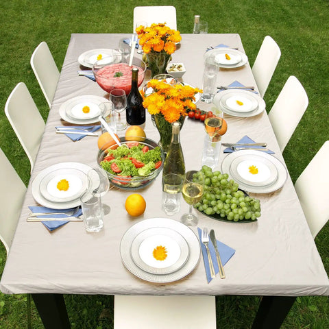 Outdoor table with Three Piece Fitted Tablecloth And Bench Cover Set For 6 Foot Tables 30 By 72 Inch Vinyl With Elastic Edges Beige