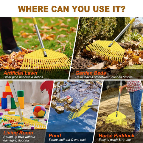 Heavy Duty Leaf Rake With 16.5 Inch Nylon Head And 51 Inch Adjustable Stainless Steel Handle used in various settings