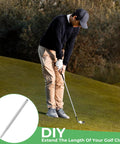 Golfer using Eight Piece Aluminum Alloy Golf Club Shaft Extensions Set for Irons And Woods Putter Length Adjustment Tool outdoors