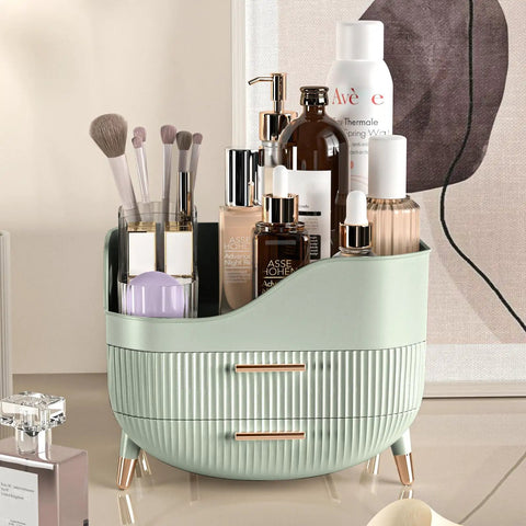 Slick Green Makeup Organizer With Two Deep Drawers And Sturdy Carry Handle, Large Skincare Storage Box For Vanity Tops, Holds Your Whole Daily Glam Stash On Any Dresser Or Bathroom Counter, filled with beauty products.