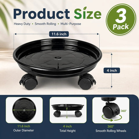 Three Piece Plant Dolly Set Heavy Duty Resin Base Smooth Rolling Universal Wheels With Secure Brake Locks, 11.6 inch black base.