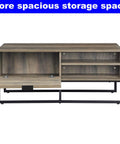 Heavy Duty Farmhouse Coffee Table With Storage Door And Two Open Shelves Industrial Rustic Cocktail Center Table For Living Room featuring open storage door and composite wood shelf.