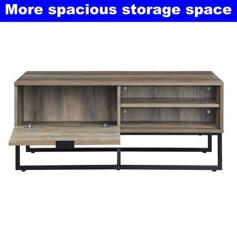 Heavy Duty Farmhouse Coffee Table With Storage Door And Two Open Shelves Industrial Rustic Cocktail Center Table For Living Room featuring open storage door and composite wood shelf.