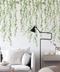 Hanging String Of Pearls Vine Wall Stickers Set With Green Leaves Dope PVC Peel And Stick Removable Wall Decals in living room.