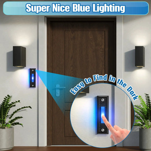 Lighted Doorbell Button for Wall Mount and Garage Door Switch With Blue LED No Fuss Install Works With Most Wired Door Chimes Transformers Ringers Buzzers Black Finish 1 Pack installed on a door with blue lighting.