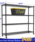 Heavy Duty Garage Shelving With Wheels Four Tier Metal Storage Rack Holds 2480 Lbs Adjustable Pantry Shelves For Kitchen And Garage 75.62 H X 24.02 D X 55.52 W Easy Roll showing dimensions and 27 gal bin on shelf.