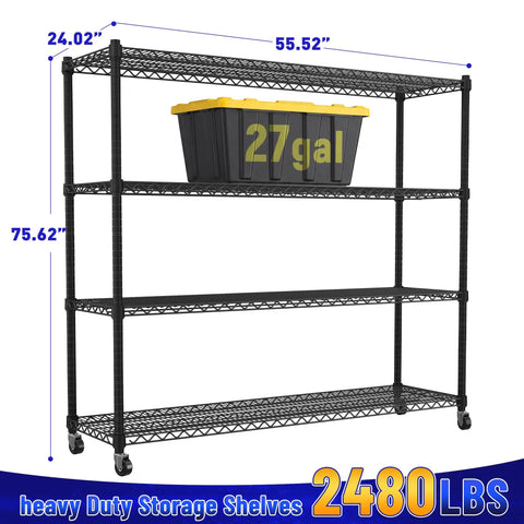 Heavy Duty Garage Shelving With Wheels Four Tier Metal Storage Rack Holds 2480 Lbs Adjustable Pantry Shelves For Kitchen And Garage 75.62 H X 24.02 D X 55.52 W Easy Roll showing dimensions and 27 gal bin on shelf.
