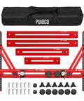 Kickass Precision Stair Tread Template Tool With Heavy Duty Locking Triangular Brace And Snappy Edge Flip Stops For Right On Target Woodworking Every Single Time, includes red measurement arms and black carrying case.