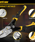 Front view of Hurricane sheet metal V-notcher with yellow/black grip, steel jaw, safety latch