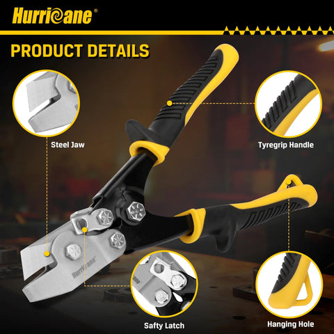 Front view of Hurricane sheet metal V-notcher with yellow/black grip, steel jaw, safety latch