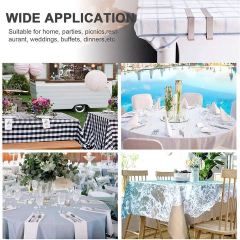 Collage of outdoor tables using 30 Packs Tablecloth Clips For Outdoor Tables, Stainless Steel Tablecloth Holder Clips That Grip Tight And Lay Flat