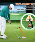 Golfer using the Visual Lock Golf Training Aid with Instant Visual Feedback for Head Stability and Swing Plane Mastery on green field.
