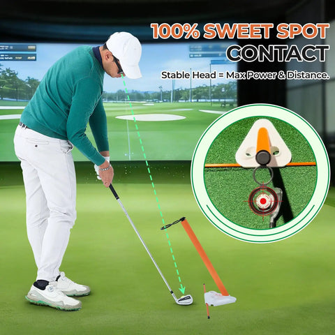 Golfer using the Visual Lock Golf Training Aid with Instant Visual Feedback for Head Stability and Swing Plane Mastery on green field.