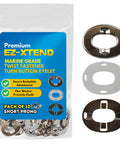 EZ-Xtend marine-grade twist fastener eyelet set in bag; front view shows 10 short-prong turn buttons with clinch plate and flex washer