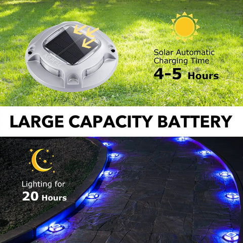 Solar Driveway Lights Outdoor 12 Pack With Dual Color Modes Blue Light And Cool White Waterproof LED Marker Lights shown charging and at night