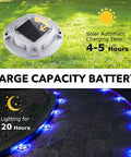 Solar Driveway Lights 16 Pack With Dual Color Modes Blue Light Or Cool White showing charging time and nighttime use