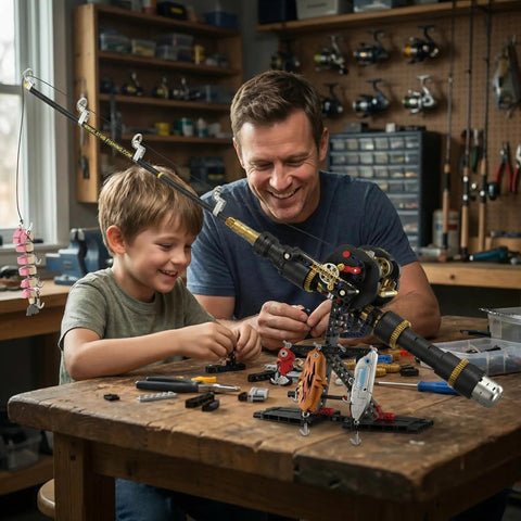 Father and son building Fishing Rod Building Block Set 589 Plus Pieces Compatible With LEGO STEM Building Toys for fun