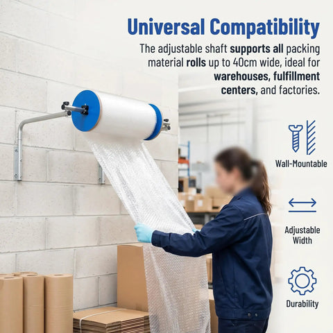 Slick Wall Mount Bubble Wrap Dispenser with Heavy Duty Galvanized Steel. Adjustable for rolls up to 40 inches wide for efficient packing.