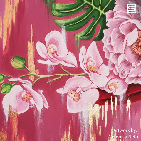 Home wall art: pink floral painting with orchids and gold leaf accents; Veronika Neto artwork watermark.