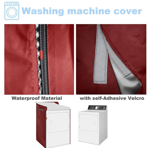 Close-up of red waterproof material zipper and Velcro on Two Pack Waterproof Washer And Dryer Covers With Zipper For Front Load And Top Load Machines Red Durable Fabric All Weather Protection For Laundry Room 29 Inch Wide 28 Inch Deep 40 Inch High