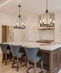 Farmhouse Wagon Wheel Chandelier With Rustic Openwork Round Metal Frame And Natural Rope, 6 Light Fixture For Dining Room