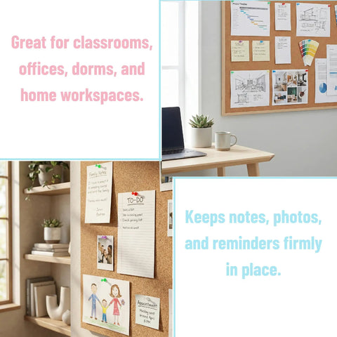 Bulk Assorted Push Pins For Bulletin Boards Featuring Hella Bright Plastic Heads And Sharp Metal Tips That Gonna Keep Your Notes Secure And Organize Your Space Like A Pro on a cork board with notes.