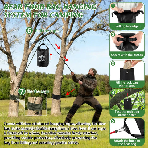 Person hanging Waterproof 10L Bear Bag Hanging Kit With Heavy Duty Ropes Magnetic Bear Bell Carabiners Rock Pouch in tree