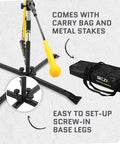 Hurricane Batting Swing Trainer For Baseball And Softball with carry bag, yellow target ball, black screw-in base legs and metal stakes.