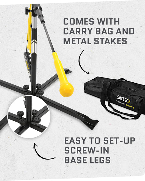 Hurricane Batting Swing Trainer For Baseball And Softball with carry bag, yellow target ball, black screw-in base legs and metal stakes.
