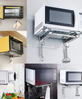 Multiple kitchens showcasing Stainless Steel Microwave Wall Mount Bracket With Telescopic Arm And Fixing Kit in various setups
