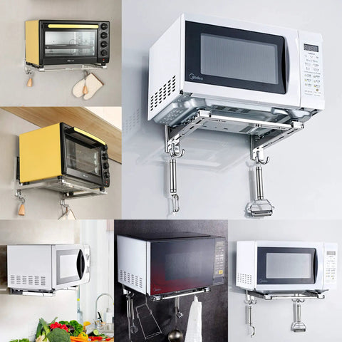 Multiple kitchens showcasing Stainless Steel Microwave Wall Mount Bracket With Telescopic Arm And Fixing Kit in various setups