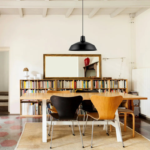 Industrial Warehouse Pendant Light With 5 Ft Adjustable Cord Matte Black Dimmable Hanging Lamp above a dining table