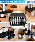 Premium Alloy Steel Heavy Duty Forstner Bit Set Featuring Eight Precision Heat Treated Round Shank Hole Cutters in use on wood.